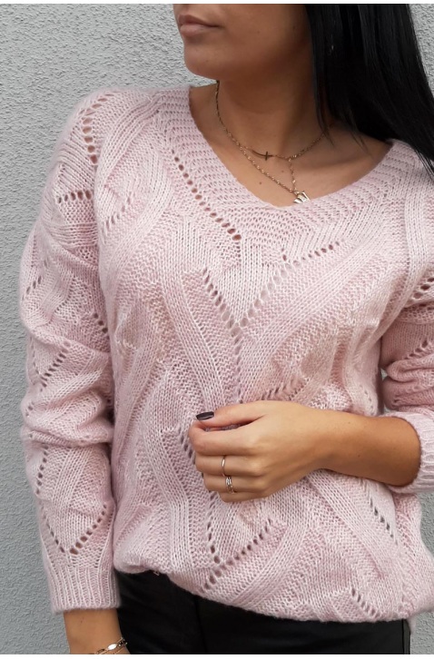 Sweter ażurowy w serek różowy